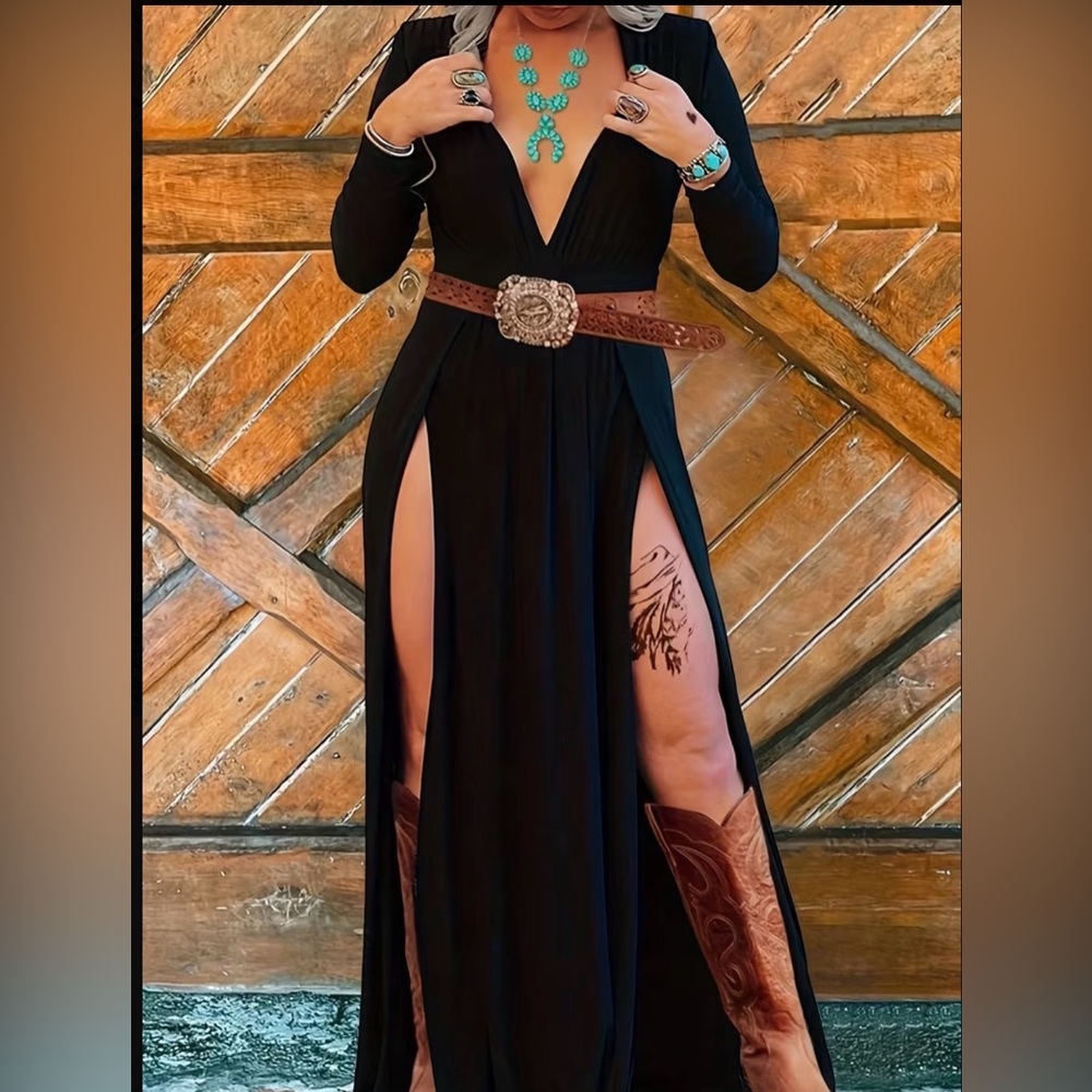 Women’s Black Long-Slit Maxi Dress with Deep V